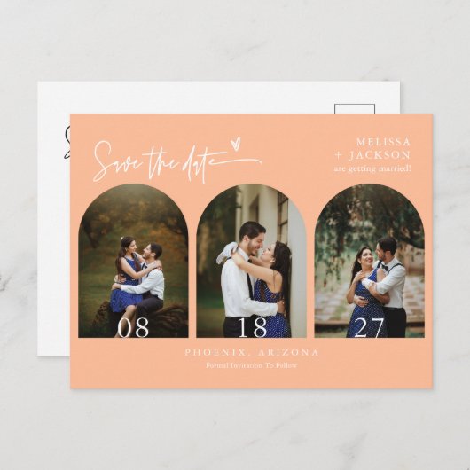 Moderne Peach Arch Photo QR-code Sla de datum op Briefkaart (Voorkant / Achterkant)
