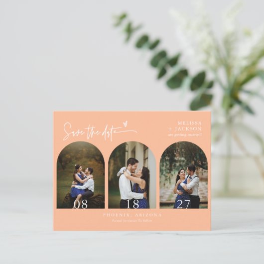 Moderne Peach Arch Photo QR-code Sla de datum op Briefkaart (Staand voorkant)