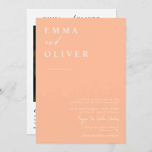 Moderne Peach Boho trouwfoto QR-code RSVP Kaart (Voorkant / Achterkant)