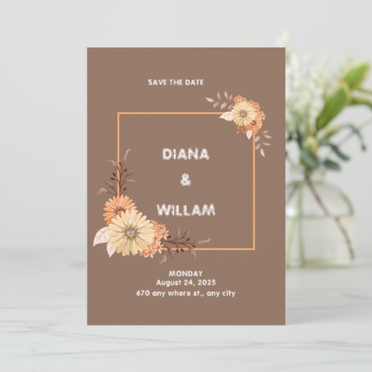 Moderne Peach Brown huwelijksuitnodiging Kaart (Staand voorkant)