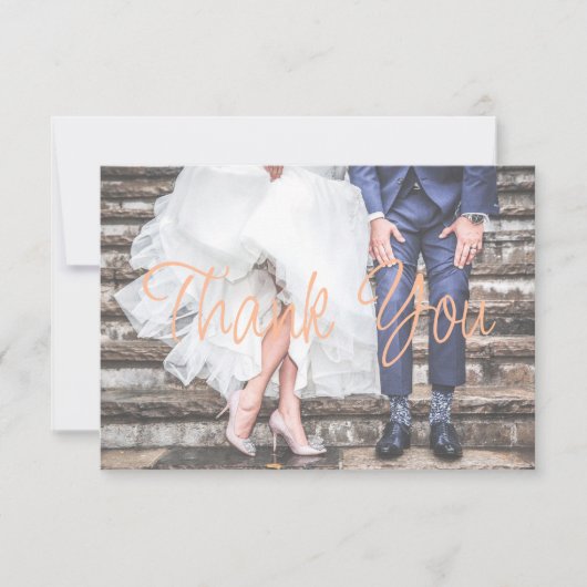 Moderne Peach foto bruiloft dank u kaart (Voorkant)