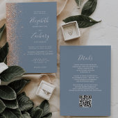 Moderne Peach Glitter Dusty Blue QR Code Wedding Kaart