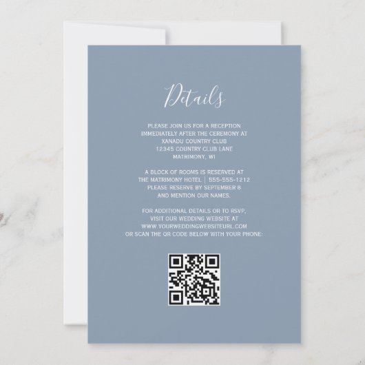 Moderne Peach Glitter Dusty Blue QR Code Wedding Kaart (Achterkant)