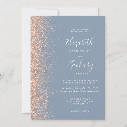 Moderne Peach Glitter Edge Dusty Blue Wedding Kaart (Voorkant)