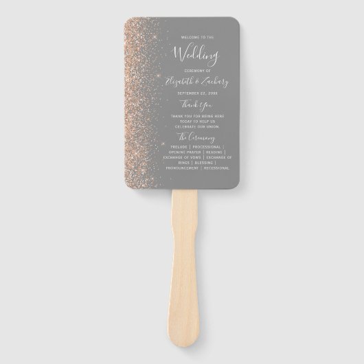 Moderne Peach Glitter Edge Grijs Trouwprogramma Handwaaier (Voorkant)