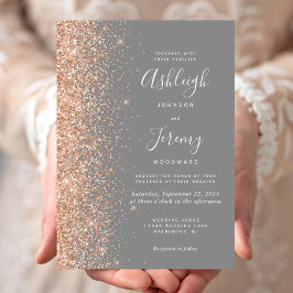 Moderne Peach Glitter Edge Grijze bruiloft Kaart