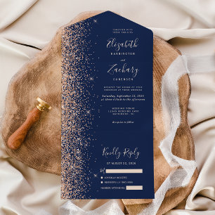 Moderne Peach Glitter Marine Blauwe Huwelijk All In One Uitnodiging