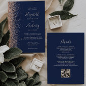 Moderne Peach Glitter Navy Blue QR Code Wedding Kaart