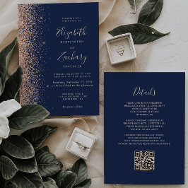 Moderne Peach Glitter Navy Blue QR Code Wedding Kaart