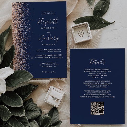 Moderne Peach Glitter Navy Blue QR Code Wedding Kaart