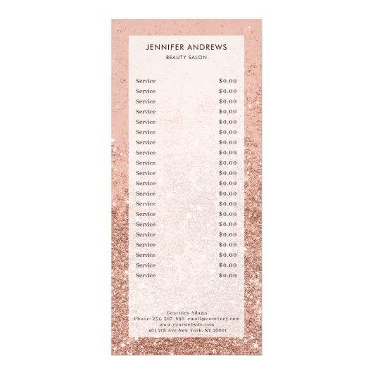 Moderne peach Glitter Salon Price List-rackkaart Reclamekaart (Voorkant)
