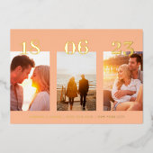 Moderne Peach GOLD DATE Drie foto opslaan de datum Folie Uitnodiging (Voorkant)