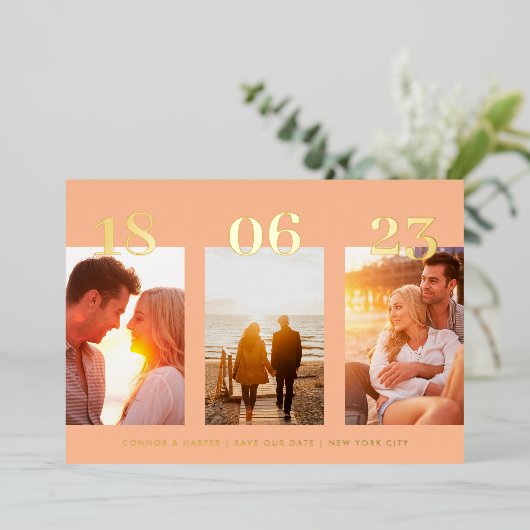 Moderne Peach GOLD DATE Drie foto opslaan de datum Folie Uitnodiging (Staand Voorkant)