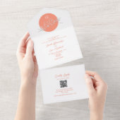 Moderne Peach Lovebirds Monogram bruiloft All In One Uitnodiging (Afscheurbaar)