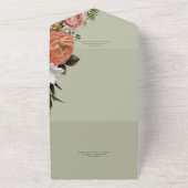 Moderne Peach Mimosa Bloemengroen Details All In One Uitnodiging (Buitenkant)