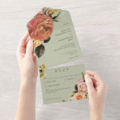 Moderne Peach Mimosa Bloemengroen Details All In One Uitnodiging (Afscheurbaar)