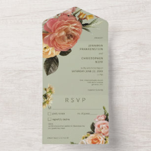 Moderne Peach Mimosa Bloemengroen Details All In One Uitnodiging