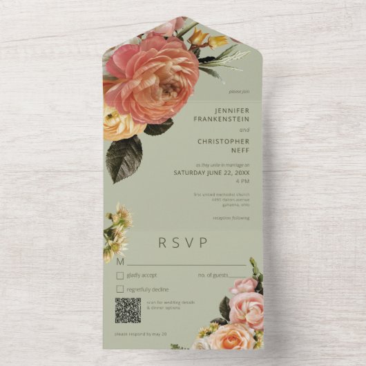 Moderne Peach Mimosa Floral Green QR Code All In One Uitnodiging (Binnen)