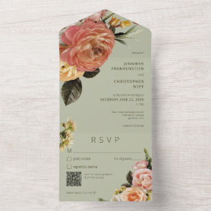 Moderne Peach Mimosa Floral Green QR Code All In One Uitnodiging