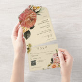 Moderne Peach Mimosa Floral Green QR Code All In One Uitnodiging (Afscheurbaar)