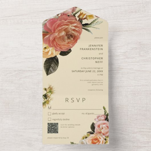 Moderne Peach Mimosa Floral Green QR Code All In One Uitnodiging (Binnen)