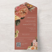Moderne peach mimosa Floral Rust QR Code All In One Uitnodiging (Binnen)