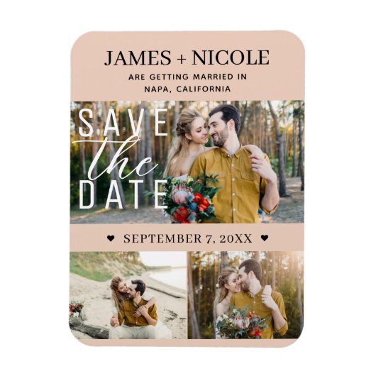 Moderne Peach Save the Date Wedding 3 Foto's Magneet (Verticaal)