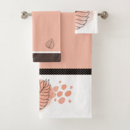 Moderne peach, White en Black Polka Dots and Leaf Bad Handdoek