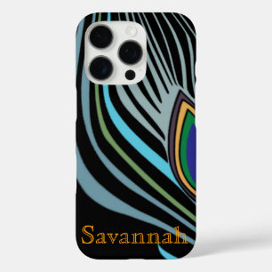 Moderne Peacock Feather Black Turquoise Jouw naam iPhone 16 Pro Hoesje