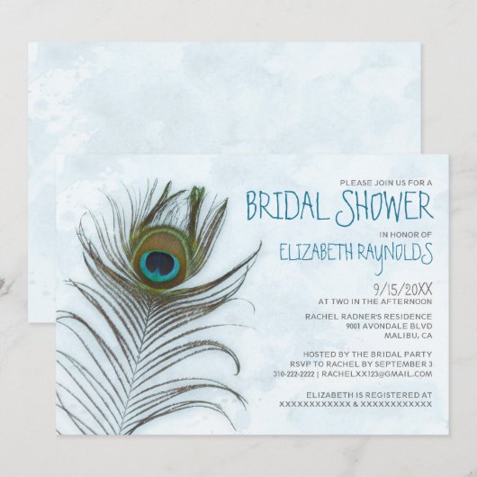 Moderne Peacock Feather Bridal Shower Invitations Kaart (Voorkant / Achterkant)