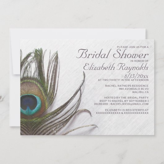Moderne Peacock Feathers Bridal Shower Invitations Kaart (Voorkant)