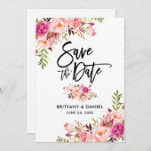 Moderne penseel met penseel roze vlinderbloes save the date (Voorkant / Achterkant)