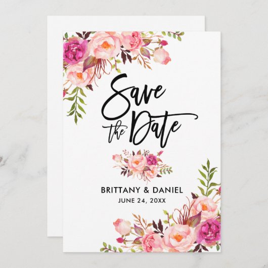 Moderne penseel met penseel roze vlinderbloes save the date (Voorkant / Achterkant)