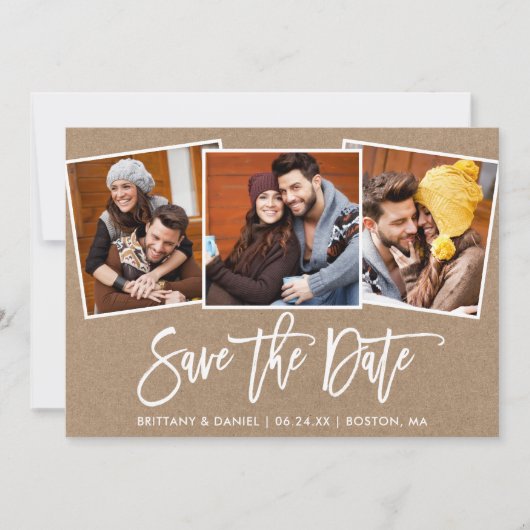 Moderne penseel schrift 3 foto collage kraft save the date (Voorkant)