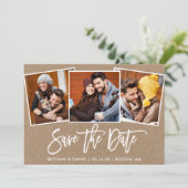 Moderne penseel schrift 3 foto collage kraft save the date (Staand voorkant)