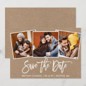 Moderne penseel schrift 3 foto collage kraft save the date (Voorkant / Achterkant)