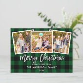 Moderne penseel Schrift 3 Foto Kerstmis Groen geru Feestdagenkaart (Staand voorkant)