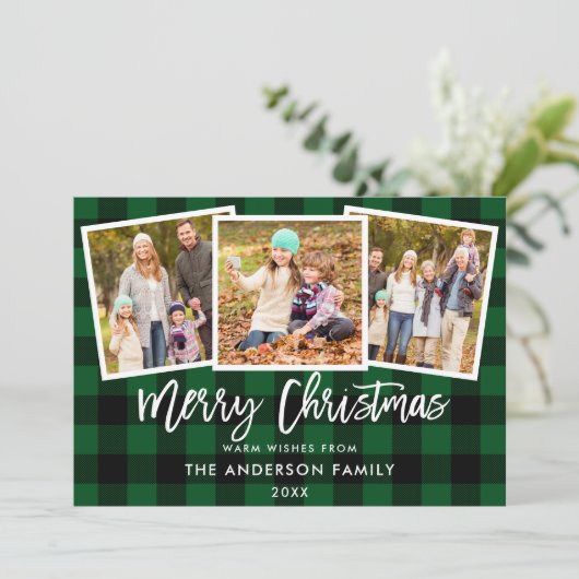 Moderne penseel Schrift 3 Foto Kerstmis Groen geru Feestdagenkaart (Staand voorkant)