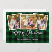 Moderne penseel Schrift 3 Foto Kerstmis Groen geru Feestdagenkaart (Voorkant / Achterkant)