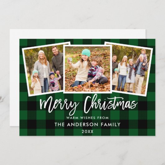 Moderne penseel Schrift 3 Foto Kerstmis Groen geru Feestdagenkaart (Voorkant / Achterkant)