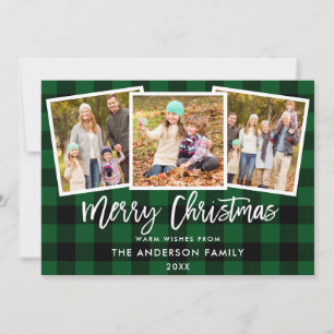 Moderne penseel Schrift 3 Foto Kerstmis Groen geru Feestdagenkaart