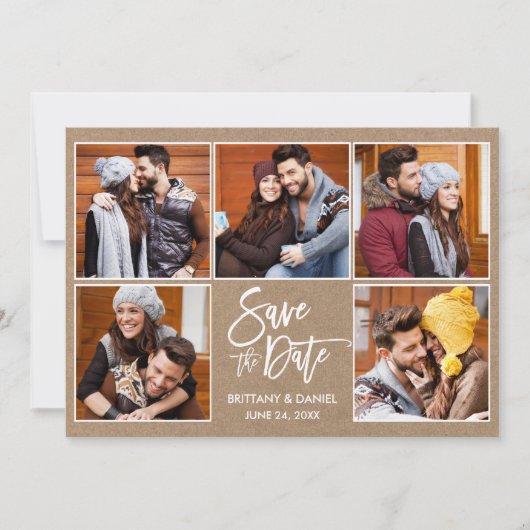 Moderne penseel schrift 5 foto kraft save the date (Voorkant)