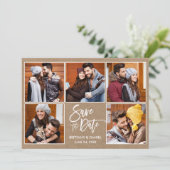 Moderne penseel schrift 5 foto kraft save the date (Staand voorkant)