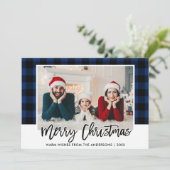Moderne penseel schrift blauwe ruit foto kerst feestdagenkaart (Staand voorkant)