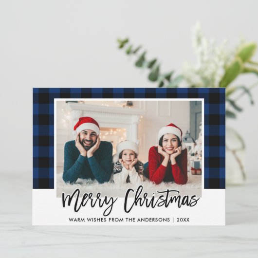 Moderne penseel schrift blauwe ruit foto kerst feestdagenkaart (Staand voorkant)