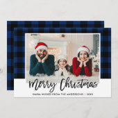 Moderne penseel schrift blauwe ruit foto kerst feestdagenkaart (Voorkant / Achterkant)