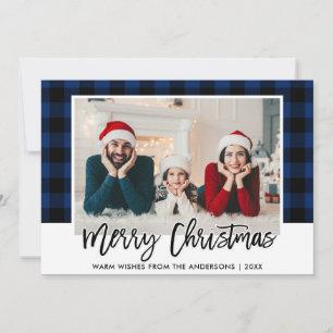 Moderne penseel schrift blauwe ruit foto kerst feestdagenkaart