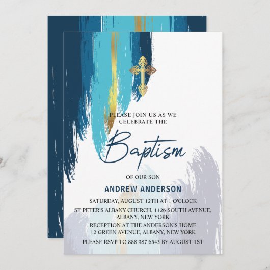 Moderne penseelgoud en blauw baptisme kaart (Voorkant / Achterkant)