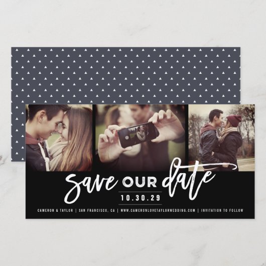 Moderne penseelkalligrafie 3 MultiPhoto Save The Date (Voorkant / Achterkant)