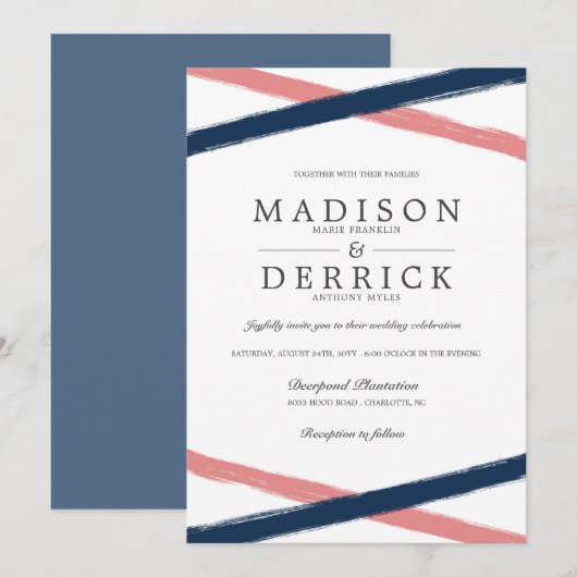 Moderne penseellijnen bruiloft | Zeekoraal Kaart (Voorkant / Achterkant)